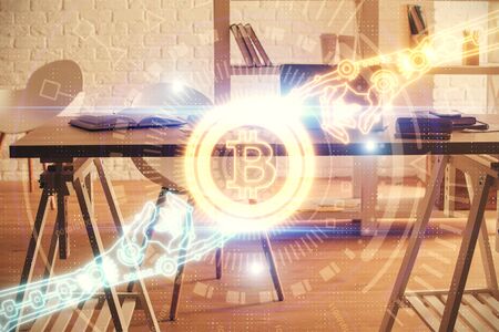 Double exposure of crypto technology theme drawing and office interior background. Concept of...