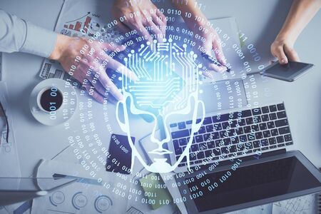Double exposure of man and woman working together and human brain hologram drawing. Brainstorm...