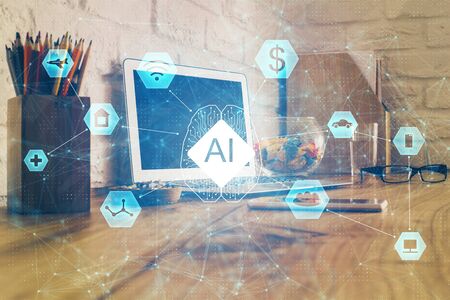 Double exposure of desktop with personal computer on background and tech theme drawing. Concept of...