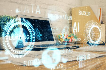 Multi exposure of desktop with personal computer and tech theme drawing. Concept of Bigdata.の写真素材