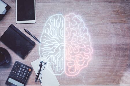 Double exposure of brain sketch and table top veiw. Concept of data analysis.