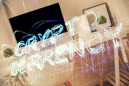 Double exposure of crypto technology theme drawing and office interior background. Concept of blockchain.の写真素材