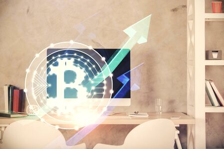 Double exposure of crypto technology theme drawing and office interior background. Concept of blockchain.の写真素材