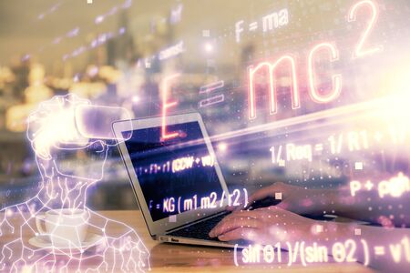 Double exposure of woman hands typing on computer and formula hologram drawing. Education concept.