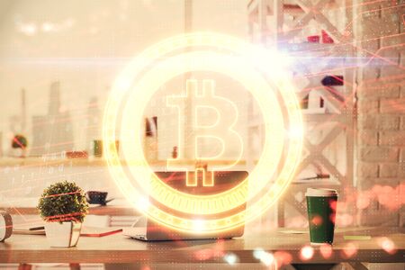 Double exposure of crypto technology theme drawing and office interior background. Concept of blockchain.の写真素材