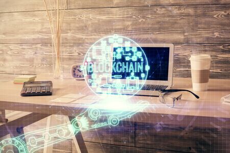 Double exposure of crypto technology theme drawing and office interior background. Concept of blockchain.の写真素材