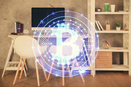Double exposure of crypto technology theme drawing and office interior background. Concept of blockchain.の写真素材