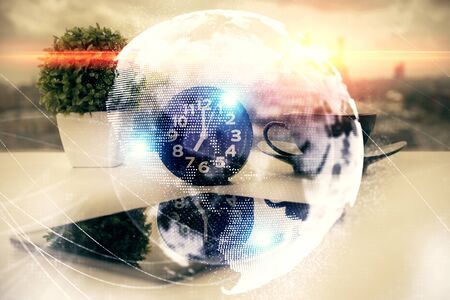 Double exposure of financial graph drawing and cell phone background. Concept of forex trading