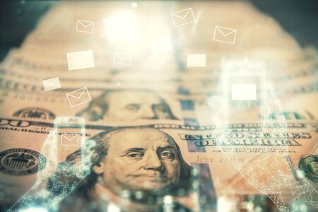 Double exposure of E-mail envelop drawing over usa dollars bill background. Concept of connection.の写真素材