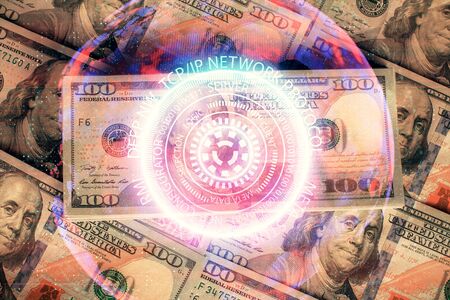 Double exposure of tech theme drawing over usa dollars bill background. Concept of technology.の写真素材