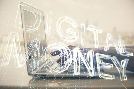 Double exposure of woman hands typing on computer and crypto market theme hologram drawing. Blockchain concept.の写真素材