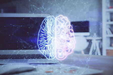 Double exposure of table with computer and brain hologram. Data innovation concept.の写真素材