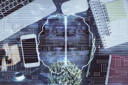 Multi exposure of brain drawing over work table desktop. Top view. Global data analysis concept.