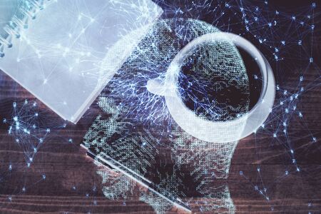 Double exposure of brain sketch and table top veiw. Concept of data analysis.の写真素材