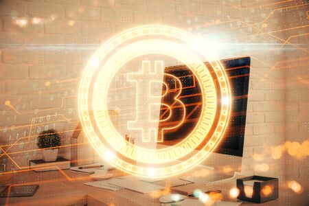 Double exposure of crypto technology theme drawing and office interior background. Concept of blockchain.の写真素材