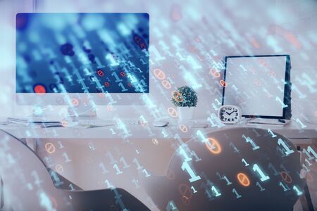 Multi exposure of data theme drawing and office interior background. Concept of technology.の写真素材