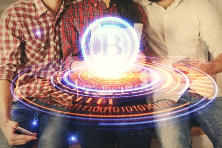 Double exposure of crypto theme drawing and man and woman working together holding and using a mobile device. Blockchain concept.の写真素材