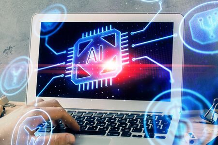 Double exposure of data internet theme hologram with man working on computer on background. Concept...