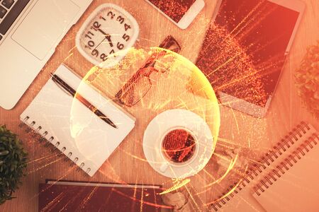 Double exposure of social network theme drawing over table with phone. Top view. People connecting concept.の写真素材