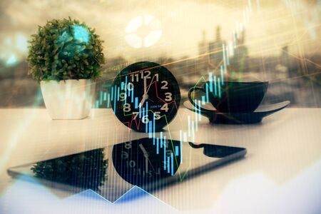 Double exposure of forex graph drawing and cell phone background. Concept of financial data analysisの写真素材