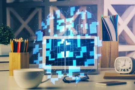 Double exposure of desktop with personal computer on background and tech theme drawing. Concept of Bigdata.の写真素材