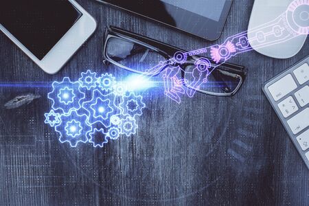 Multi exposure of technology theme drawing over work table desktop. Top view. Global data analysis concept.の写真素材
