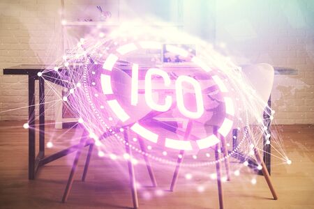Double exposure of crypto technology theme drawing and office interior background. Concept of blockchain.の写真素材