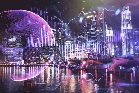 Financial chart on city scape with tall buildings background multi exposure. Analysis concept.の写真素材