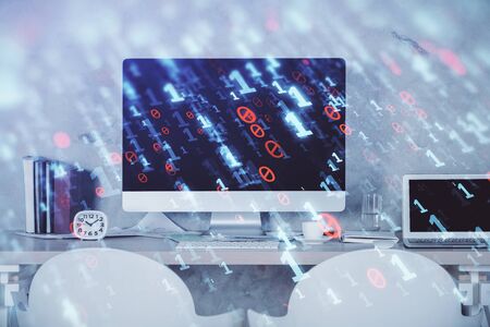 Multi exposure of data theme drawing and office interior background. Concept of technology.の写真素材