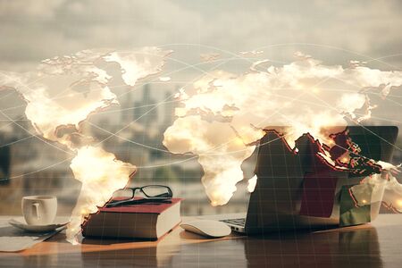 Double exposure of business theme drawings and desk with open notebook background. Concept of...