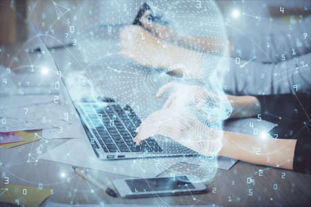 Multi exposure of woman hands working on computer and brain hologram drawing. Ai concept.