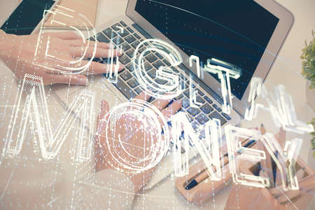 Double exposure of woman hands typing on computer and crypt market theme hologram drawing....