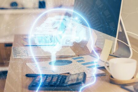 Multi exposure of work space with computer and human brain hologram. Brainstorm concept.の写真素材
