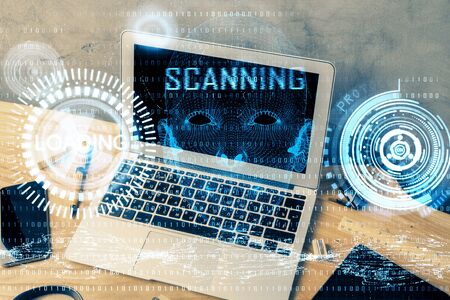 Double exposure of desktop computer and technology theme hologram. Concept of software development.の写真素材