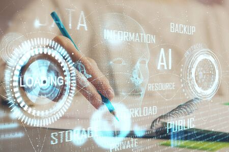 Double exposure of woman's hands on background with technology and digital coding icons. Data development concept. Close up.の写真素材