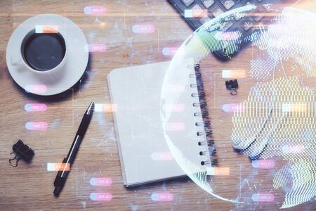 Double exposure of map sketch and table top veiw. Concept of international data.の写真素材
