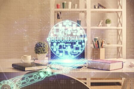 Double exposure of crypto technology theme drawing and office interior background. Concept of...