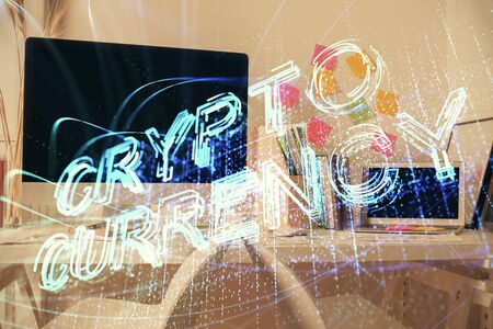 Double exposure of crypto technology theme drawing and office interior background. Concept of...