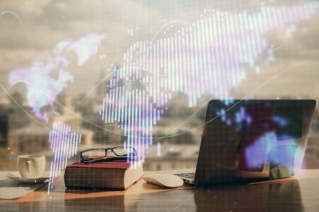 Double exposure of business theme drawings and desk with open notebook background. Concept of international marketの写真素材