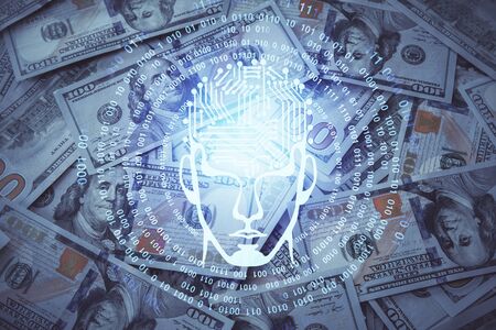 Double exposure of brain drawing over us dollars bill background. Technology concept.の写真素材