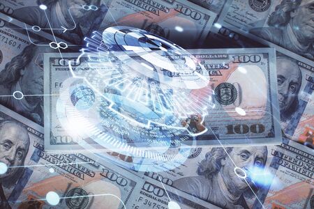 Double exposure of data theme drawing over us dollars bill background. Technology concept.の写真素材