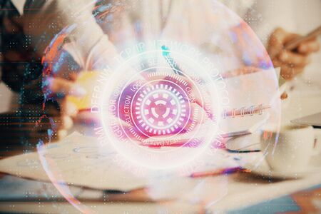 Double exposure of technology theme drawing over people taking notes background. Concept of Techの写真素材