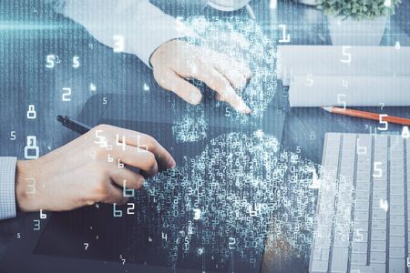 Multi exposure of mans hands holding and using a digital device and data theme drawing. Innovation concept.の写真素材