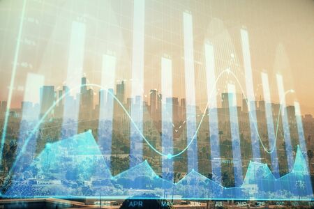 Forex chart on cityscape with skyscrapers wallpaper multi exposure. Financial research concept.
