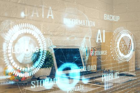Multi exposure of desktop with personal computer and tech theme drawing. Concept of Bigdata.の写真素材