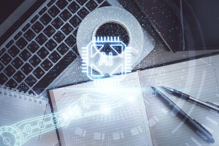 Multi exposure of data theme drawing hologram over topview work desk background with computer....