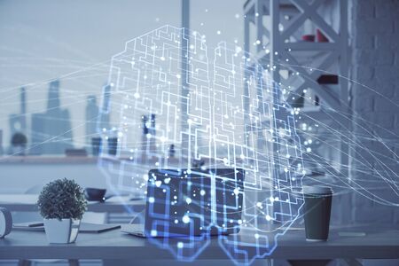 Double exposure of brain drawing and office interior background. Concept of data technology.