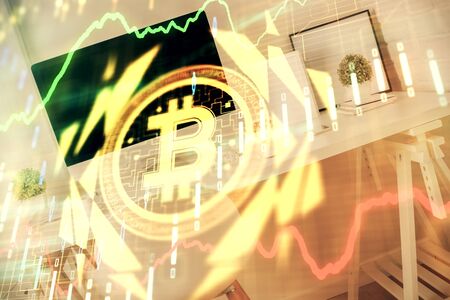 Double exposure of crypto technology theme drawing and office interior background. Concept of blockchain.の写真素材