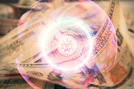 Double exposure of tech theme drawing over usa dollars bill background. Concept of technology.の写真素材