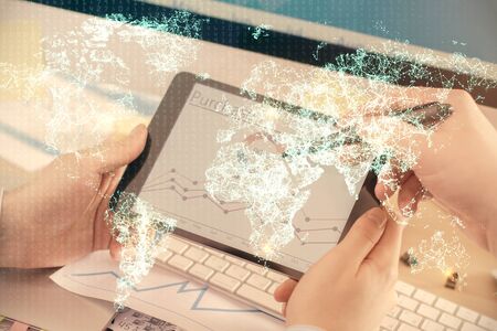 Double exposure of mans hands holding and using a phone and social network theme drawing.